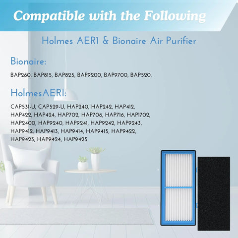 AER1 Compatible Filter Replacement For Holmes HAPF30AT showing HEPA filter and carbon sheet in a room setting, 1.2x10x4.6 in.
