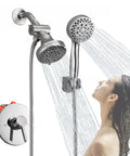 Shower Faucet System With Rain Shower Kit And High-Pressure Handheld Head 2-In-1 Dual Valve Trim Chrome For In-Wall Install In New Or Remodel Bathrooms