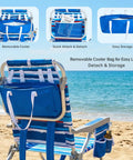 Two Pack Low Beach Chairs With 5 Position Recline Backpack Portable Folding Chairs With Cooler Bag And Cup Holder on beach.