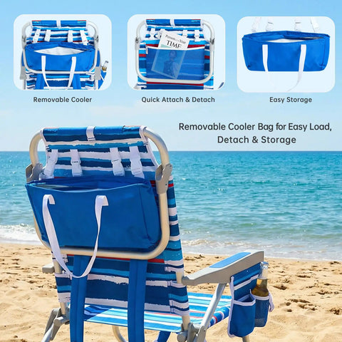 Two Pack Low Beach Chairs With 5 Position Recline Backpack Portable Folding Chairs With Cooler Bag And Cup Holder on beach.