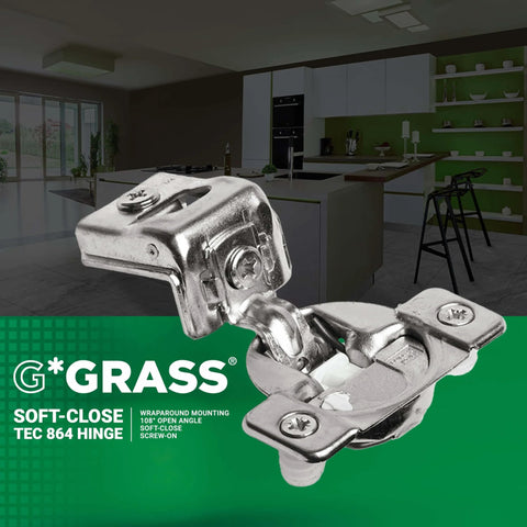 Soft Close Cabinet Hinge For Face Frame Cabinets One And A Quarter Inch Overlay 108 Degree Wrap Around Mount Nickel Plated 2 Pack TEC 864 G02910A15 With Three Tier Adjustment Press In Dowel By Grass set against a kitchen background