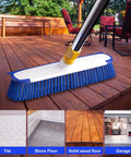 Extendable Floor Scrub Brush 12 Inch Wide Heavy Duty Grime Busting Two In One Scrub And Squeegee Deck Brush on wooden patio