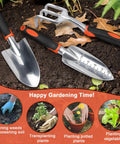 Heavy Duty Garden Tools Set 3 Piece With Ergonomic Handles Shovel Transplant Trowel And Hand Rake Aluminum Alloy Orange For Planting, Weeding, Digging And Lawn Care, Your Do It All Garden Kit displayed on soil with plant insets