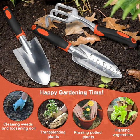 Heavy Duty Garden Tools Set 3 Piece With Ergonomic Handles Shovel Transplant Trowel And Hand Rake Aluminum Alloy Orange For Planting, Weeding, Digging And Lawn Care, Your Do It All Garden Kit displayed on soil with plant insets