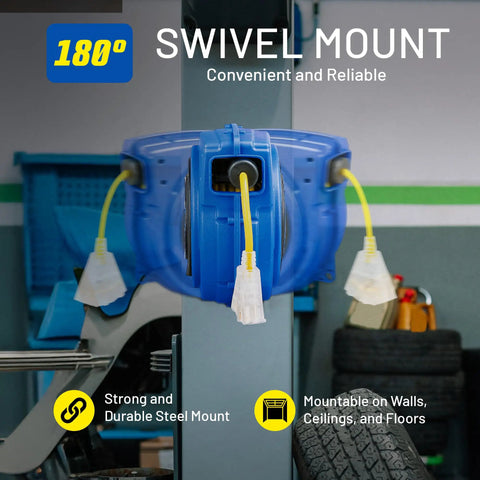 Retractable Extension Cord Reel With 50 Foot 16 AWG Cable, 3C SJTOW Heavy Duty Commercial Grade mounted with 180° swivel