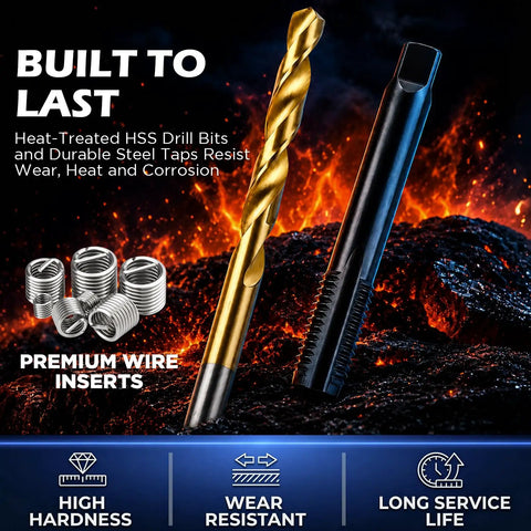 Complete Sae And Metric Thread Repair Kit With Hss Drill Bits Taps And Heavy Duty Stainless Inserts For Stripped Auto Parts That Gets It Done Without A Sweat Works Like A Champ, featuring gold HSS drill bit and black steel tap.