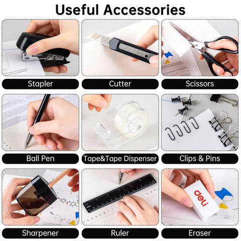 Assorted office supplies from 1045 Piece Office Supplies Set Desk Organizer Kit With Rotating Multifunctional Pen Holder And Binder Clips