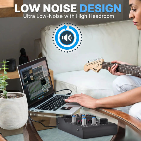 Person using Five Channel Portable Audio Mixer With USB Interface And Rechargeable Battery Compact DJ Controller connected to laptop