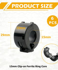 Six Pack 15mm Clip On Ferrite Ring Cores For RFI EMI Noise Suppression On Power USB HDMI And Audio Video Cables