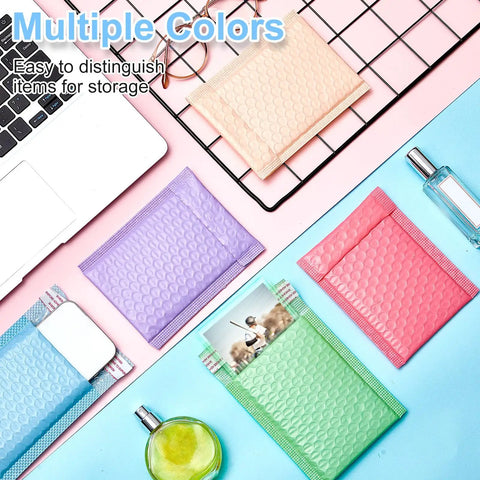 200-Count 4x6 Inch Bubble Mailers Waterproof Padded Envelopes Self Adhesive Poly Bubble Packaging in pastel colors on a desk