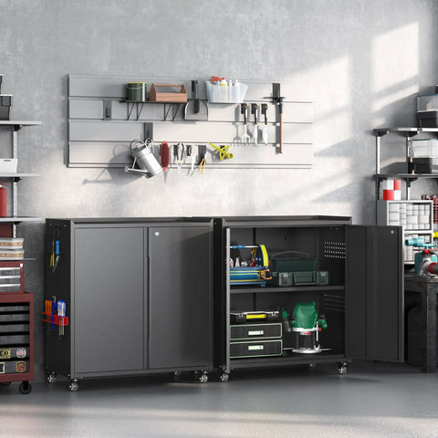 Durable Heavy Duty 34 Inch Steel Garage Storage Cabinet Featuring Smooth Roll Caster Wheels And Adjustable Shelf Layouts For Secure Locking And Shop Grade Black Tool Storage