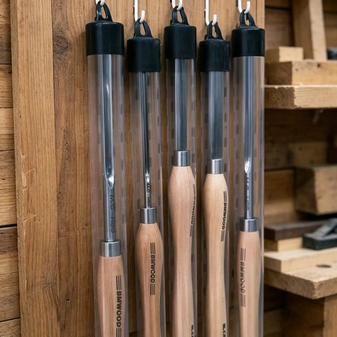 Dead On Precision Cryo Treated M2 High Speed Steel Bead Forming Chisel For Wood Lathe Pros To Crush Perfect Uniform Beads Quick And Flawless No Sweat On Any Project hanging in storage rack