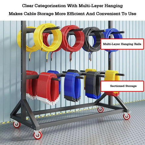 Rock Solid Wire Harness Hanging Rack With Adjustable Cable Roll Storage And Portable Shop Organizer with multi-layer hanging rails.
