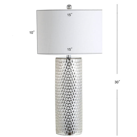 Isabella Studded Glass Table Lamp, 30-Inch Contemporary Glam Silver Leaf Base With White Linen Drum Shade, Perfect Bedroom Or Living Room Lighting, LED Bulb Included, ETL Listed, Totally Lit