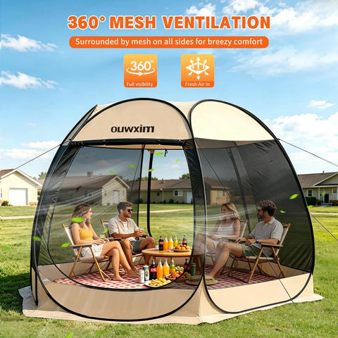 Pop Up Gazebo Screen House Tent With Mosquito Netting For 6 To 8 People Portable Canopy With No Tools Needed No Fuss Easy Setup UV Protection Sun Shelter For Backyard Patio Garden And Camping Waterproof 10x10 Feet, shown with people inside on a sunny day.