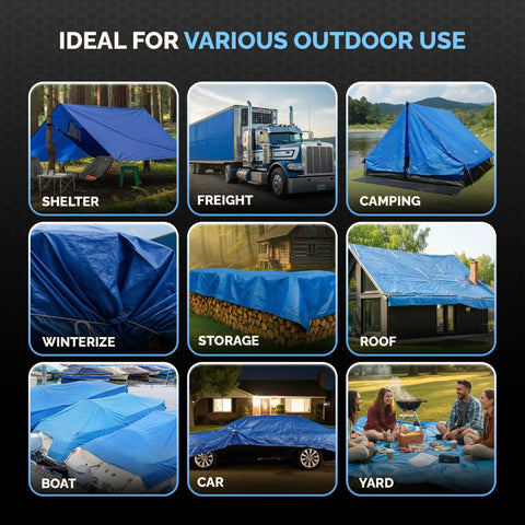 Heavy Duty 16x20 Blue Waterproof Tarp With 5 Mil Thickness used for freight, camping, roof, yard, car, boat, and more outdoor uses