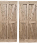 Front view of Double 38 By 84 Inches Unfinished Alder Wood Bifold Barn Doors With Low Clearance Box Rail Sliding Hardware Set