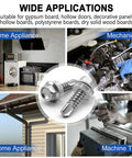 Top Shelf 410 Stainless Steel Self Drilling Tek Screws, Heavy Ball Hex Washer Head Assortment Kit shown in home appliance and mechanical contexts.