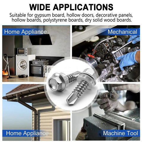 Top Shelf 410 Stainless Steel Self Drilling Tek Screws, Heavy Ball Hex Washer Head Assortment Kit shown in home appliance and mechanical contexts.
