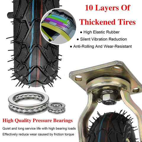 Heavy Duty Pneumatic Rubber Castor Wheel Set Of Four With Two Swivel And Two Directional Casters For Industrial Carts Rock Solid Silent Cruising Shock Absorbing showing 10-layer tire and bearings
