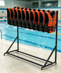 Heavy Duty Two Tier Pool Drying Rack With Swivel Casters For Easy Mobility, displaying multiple life vests by the pool.