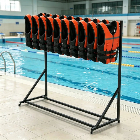 Heavy Duty Two Tier Pool Drying Rack With Swivel Casters For Easy Mobility, displaying multiple life vests by the pool.