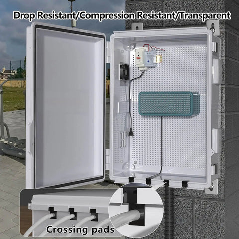 Outdoor Electrical Enclosure With Thermostat And Fan, ventilated all weather box with gray cover and mounting panel installed on wall.
