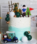 Badass Golf Cake Toppers With Golf Cart And Clay Figurine Dope Golfer Birthday Party Supplies Including Red Flag Trees And Assorted Golf Balls for a festive birthday cake.