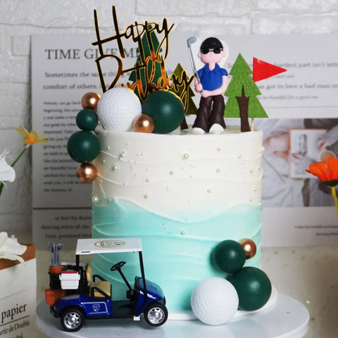 Badass Golf Cake Toppers With Golf Cart And Clay Figurine Dope Golfer Birthday Party Supplies Including Red Flag Trees And Assorted Golf Balls for a festive birthday cake.