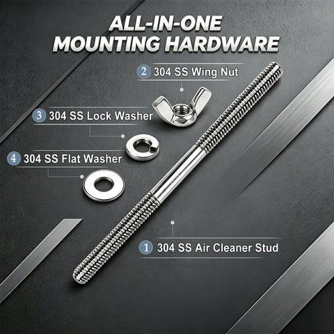 Top Shelf 304 Stainless Steel Air Cleaner Stud Kit With 5 Inch Mounting Hardware And Quarter Inch Thread Rock Solid Wing Nut Assembly parts layout.