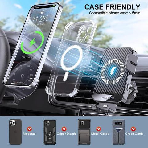 Wireless Car Charger Mount With Auto Clamping Air Vent Phone Holder, 15W Fast Wireless Charging On The Go, mounted in car with phone