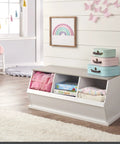 Three Bin Stackable Toy Storage Cubby Organizer For Kids Playroom And Bedroom Expandable Modular Toy Storage System For Toys And Crafts In White Gray Woodgrain showing three open compartments filled with toys.