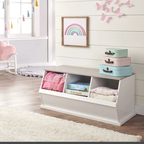 Three Bin Stackable Toy Storage Cubby Organizer For Kids Playroom And Bedroom Expandable Modular Toy Storage System For Toys And Crafts In White Gray Woodgrain showing three open compartments filled with toys.