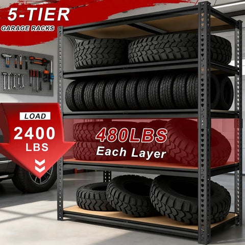 Heavy Duty 5-Tier Garage Shelving Unit With 2400 Lb Capacity, Adjustable Steel Storage Racks For Carport, Warehouse Or Basement, 72 Inch High By 40 Wide By 20 Deep, Industrial Grade Organization with tires