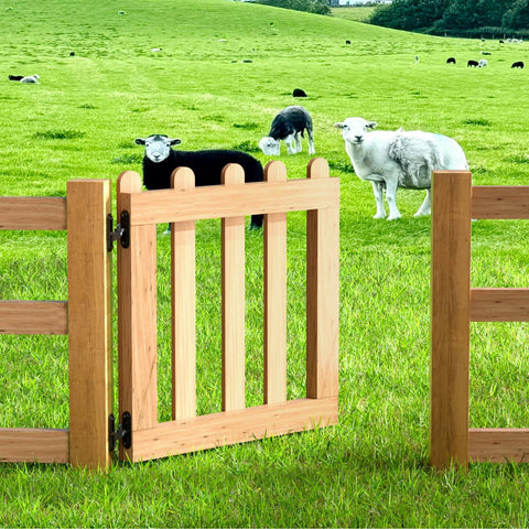 Pair of heavy-duty steel gate hinges installed on a wooden farm gate attached to a fence in a grassy pasture