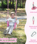 Pink Swing Seat With Heavy Duty Chains Plastisol Coated Copolymer Plastic For Playground Swing Set Accessories Replacement Gift Box Set Dope Birthday Gift And DIY Attachment For Glider Or Slide Outdoor Upgrade with child enjoying swing in park, safety hooks visible.
