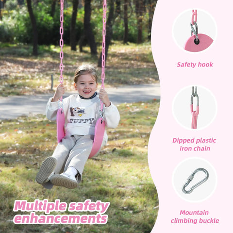 Pink Swing Seat With Heavy Duty Chains Plastisol Coated Copolymer Plastic For Playground Swing Set Accessories Replacement Gift Box Set Dope Birthday Gift And DIY Attachment For Glider Or Slide Outdoor Upgrade with child enjoying swing in park, safety hooks visible.