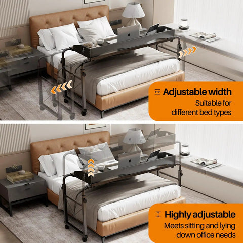 Super Handy Adjustable Laptop Desk For Bed With Wheels Overbed Table on queen bed, showcasing adjustable height and length