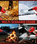 Cordless Leaf Blower 18V Beast Turbo Jet 580000RPM shown blowing leaves, clearing snow, stoking fire, and cleaning car interior