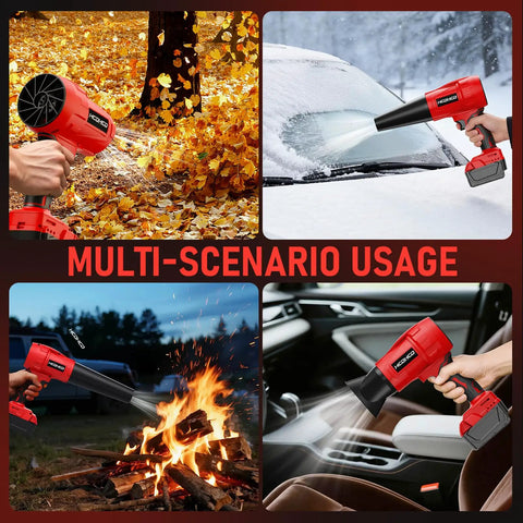 Cordless Leaf Blower 18V Beast Turbo Jet 580000RPM shown blowing leaves, clearing snow, stoking fire, and cleaning car interior