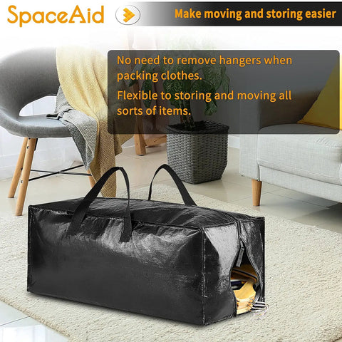 Beefy Heavy Duty Moving Bags Extra Large Storage Totes With Backpack Straps Strong Handles And Zippers An Easy Alternative To Moving Boxes For Packing And Storing Black 4 Pack displayed open in living room.