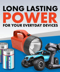 Pack Of 8 Super Alkaline D Cell Batteries Keeping Your Everyday Setup Humming With Grind Ready 1.5 Volt Power Non Rechargeable Plus A Tight Reclosable Pouch And Seven Year Shelf Life Pure Reliable Juice with flashlight and toy truck.