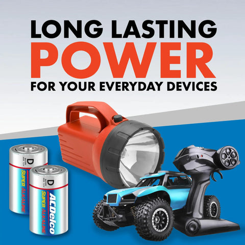 Pack Of 8 Super Alkaline D Cell Batteries Keeping Your Everyday Setup Humming With Grind Ready 1.5 Volt Power Non Rechargeable Plus A Tight Reclosable Pouch And Seven Year Shelf Life Pure Reliable Juice with flashlight and toy truck.
