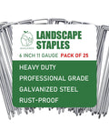 Heavy Duty 6 Inch Landscape Staples 25 Pack, 11 Gauge Galvanized U Shaped Pins For Sod Anchoring and Landscape Fabric