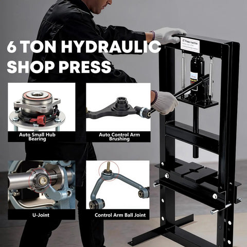 Beefed Up Heavy Duty 6 10 12 20 Ton H Frame Hydraulic Shop Press With Adjustable Worktable And Plates For Metal Bending And Straightening, Ideal For Auto Repair, Bearing Removal, And DIY Garage Projects. 6 ton hydraulic shop press used for bearing and control arm pressing