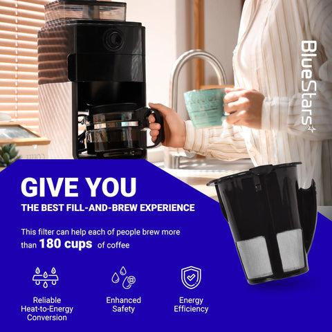 Woman using Keurig machine with Upgraded Reusable Keurig Coffee Filter 2 Pack 119367 Replacement Part For K Cups 2.0 Series.