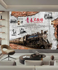 Peel And Stick Steam Locomotive Wall Mural Dope 3D Train Print Removable Wallpaper For Living Room Bedroom And Kids Room Vintage Train Decor 79 Inch Wide By 55 Inch High Silk Canvas featuring vintage train on silk canvas wall