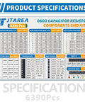 Massive 6390 Pieces 0603 SMD Electronics Component Kit product specifications chart with resistors, capacitors, and more.