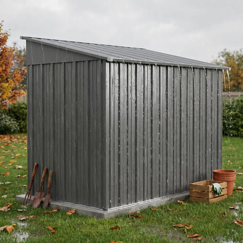 Lockable Metal Outdoor Storage Shed in Galvanized Steel, Rust-Resistant and Waterproof shown in garden setting with rain