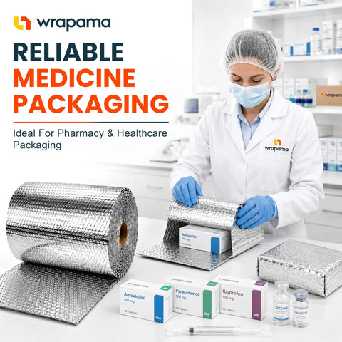Pro Grade Double Bubble Foil Insulation Roll With Heavy Duty Reflective Radiant Barrier For Straight Up Thermal Control And Hella Dependable Shipping Protection 12 Inch Wide 125 Feet Long on a worktable with medicine packaging.